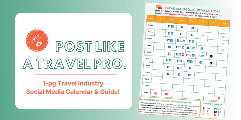 A picture of a one-week social media calendar for travel agents with free download stamp. and title, Post Like a Travel Pro