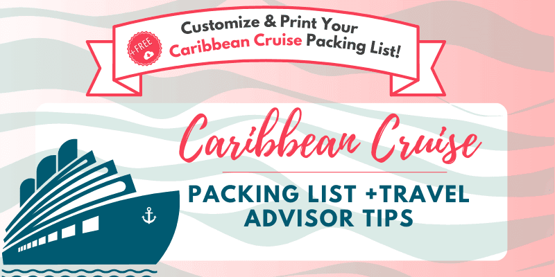 Marketing banner for a Caribbean Cruise packing list and layering guide. Features a teal cruise ship icon on a wavy white banner against a pink background. Design matches the Alaska cruise template but uses coral red accents